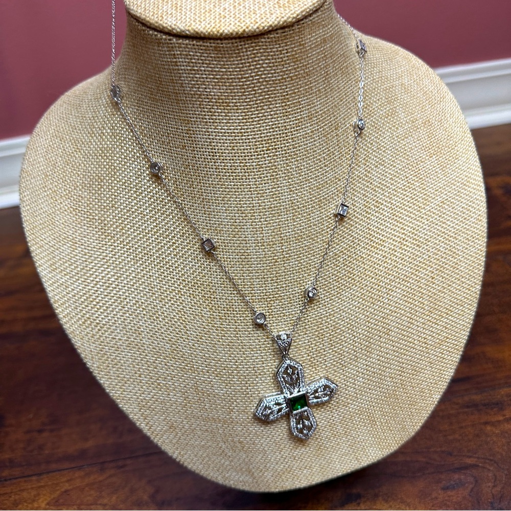 Ross Simons silver cross pendant necklace with emerald green stone center